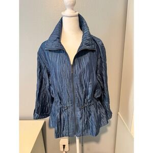 Ruby Rd Womens Metallic Blue Crinkle Pleat Zip Up Jacket Drawstring Waist Sz 16